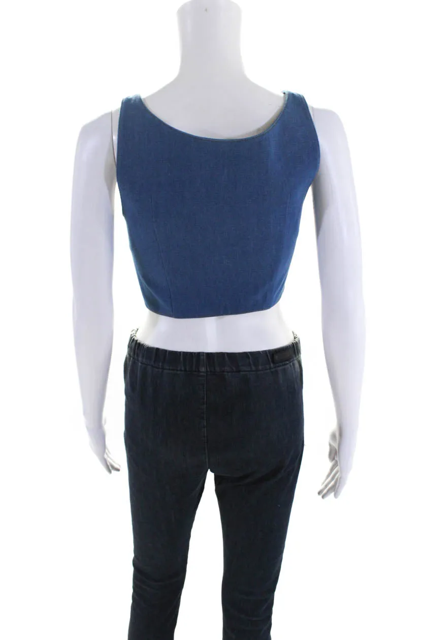 Aya Muse Womens Cosa Scoop Neck Button Up Denim Waistcoat Vest Blue
