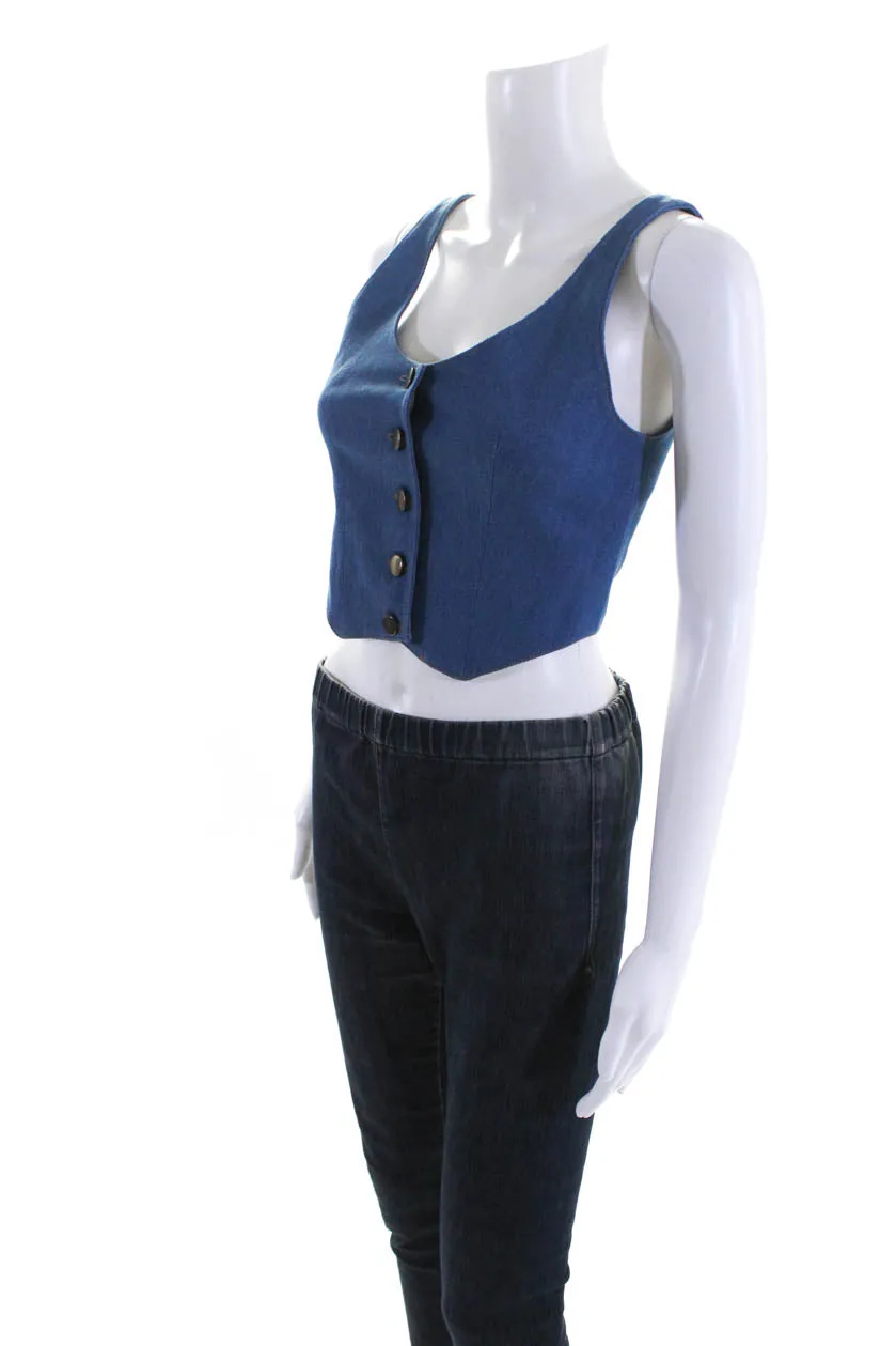 Aya Muse Womens Cosa Scoop Neck Button Up Denim Waistcoat Vest Blue
