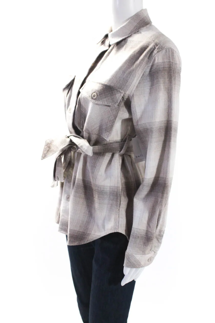 Bella Dahl Womens Cotton Plaid Print Button Collared Belted Jacket Brown