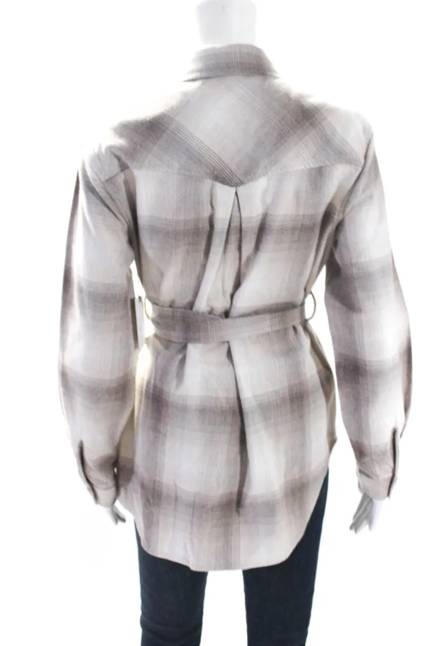 Bella Dahl Womens Cotton Plaid Print Button Collared Belted Jacket Brown