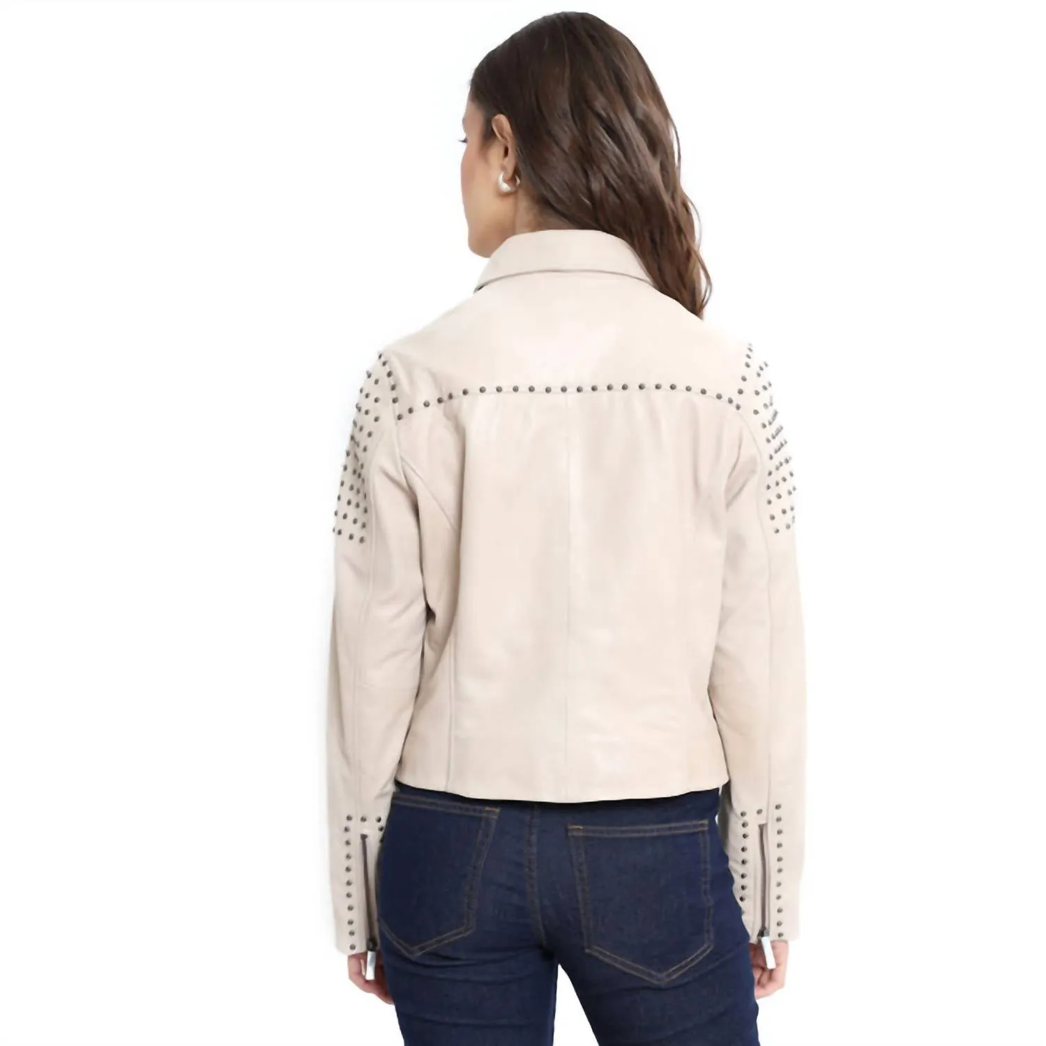 Embroidered Studded Leather Jacket In Beige