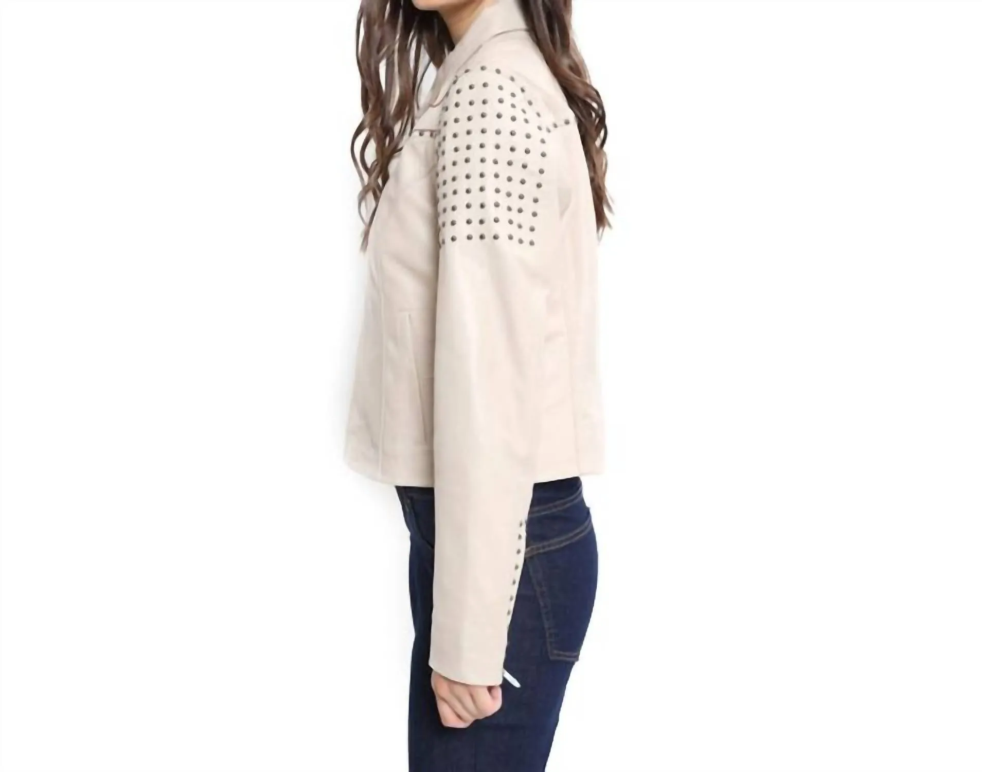 Embroidered Studded Leather Jacket In Beige