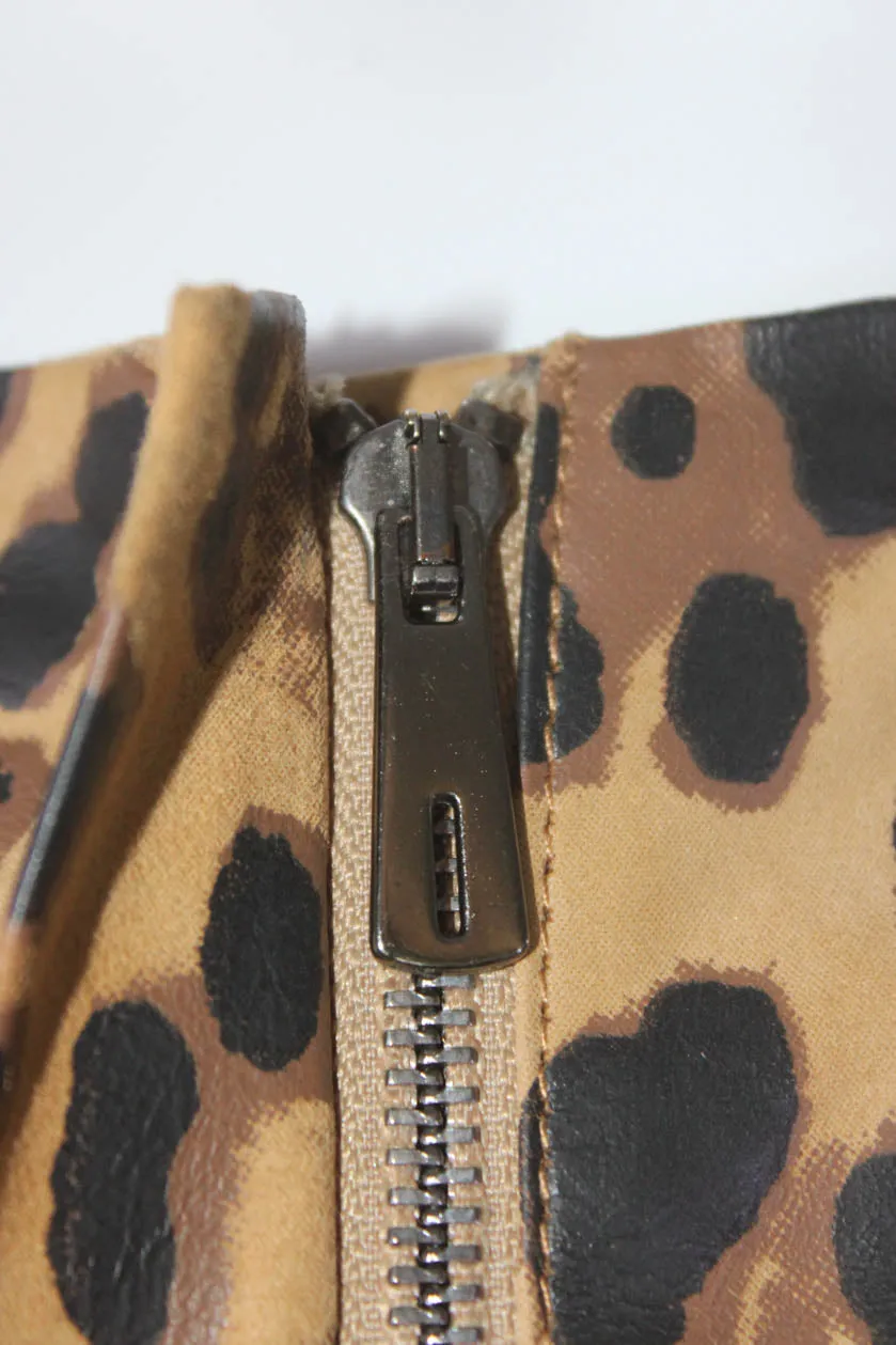 In Transit Womens Leopard Print Boat Neck Zip Leather Jacket Brown