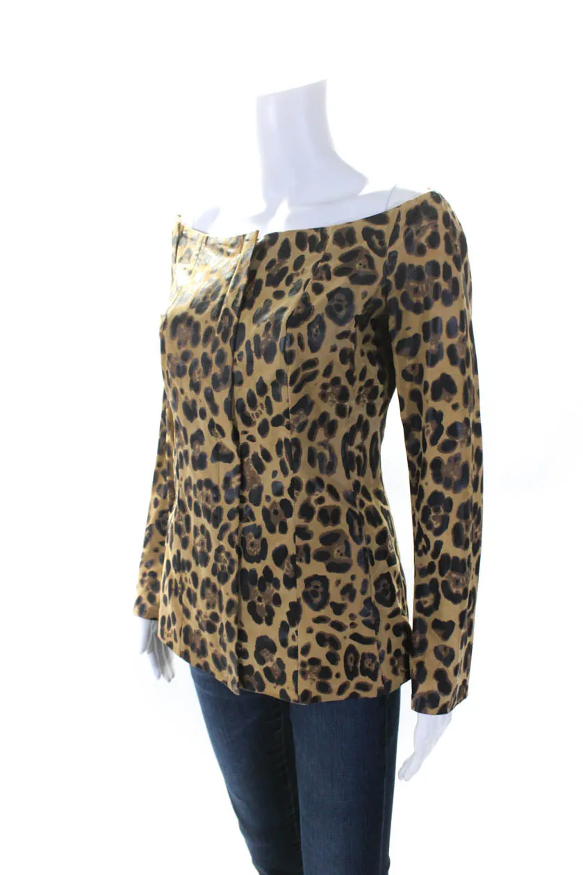 In Transit Womens Leopard Print Boat Neck Zip Leather Jacket Brown