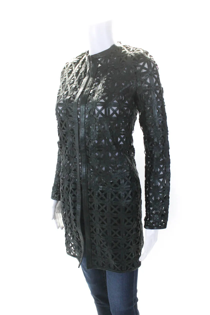 In Transit Womens Metallic Leather Mesh Hook & Eye Jacket Dark Green