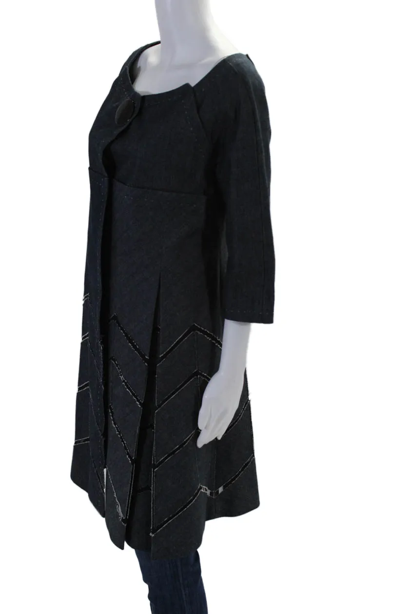 J. Mendel Womens Denim Inverted Pleat Button Down Coat Blue