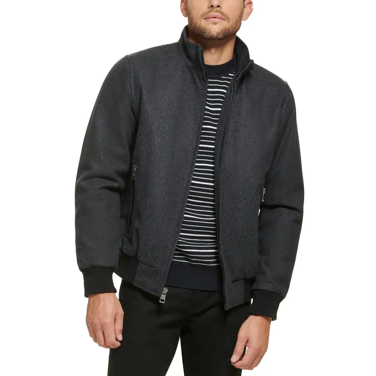 Mens Ribbed Trim  Wool Bomber Jacket