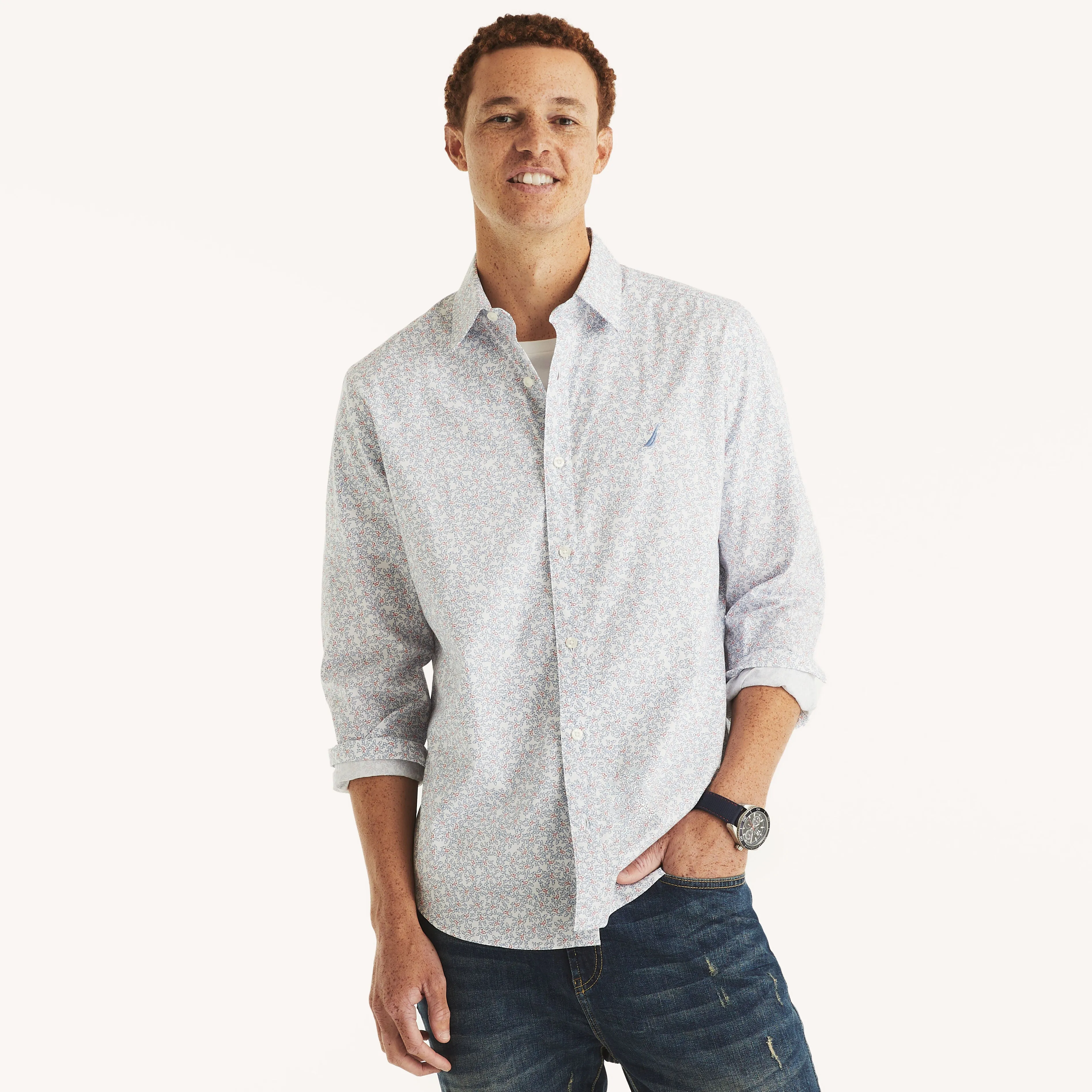 Nautica Mens Wrinkle-Resistant Printed Wear To Work Shirt