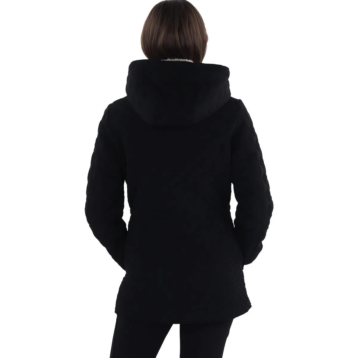 Petites Womens Faux Fur Hooded Quilted Coat