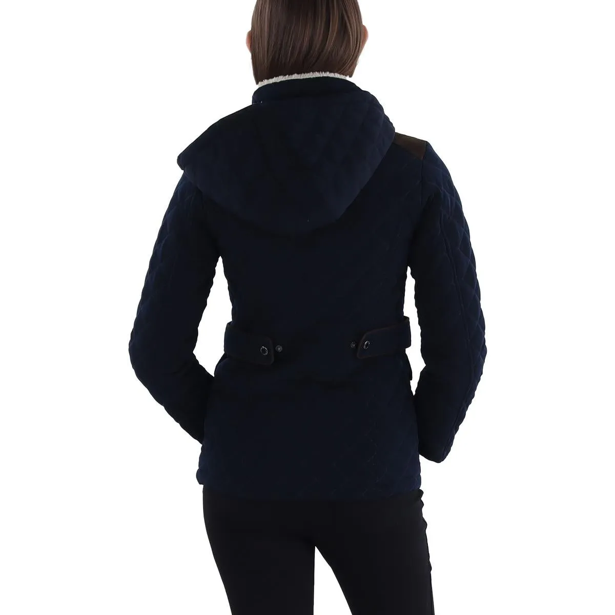 Petites Womens Faux Fur Hooded Quilted Coat