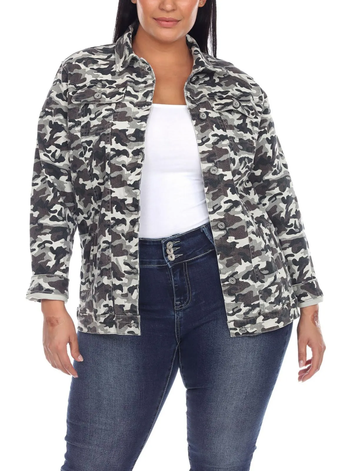 Plus Womens Camouflage Long Sleeves Denim Jacket
