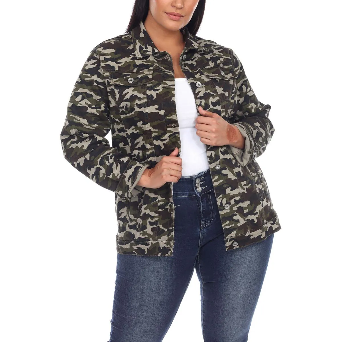 Plus Womens Camouflage Long Sleeves Denim Jacket