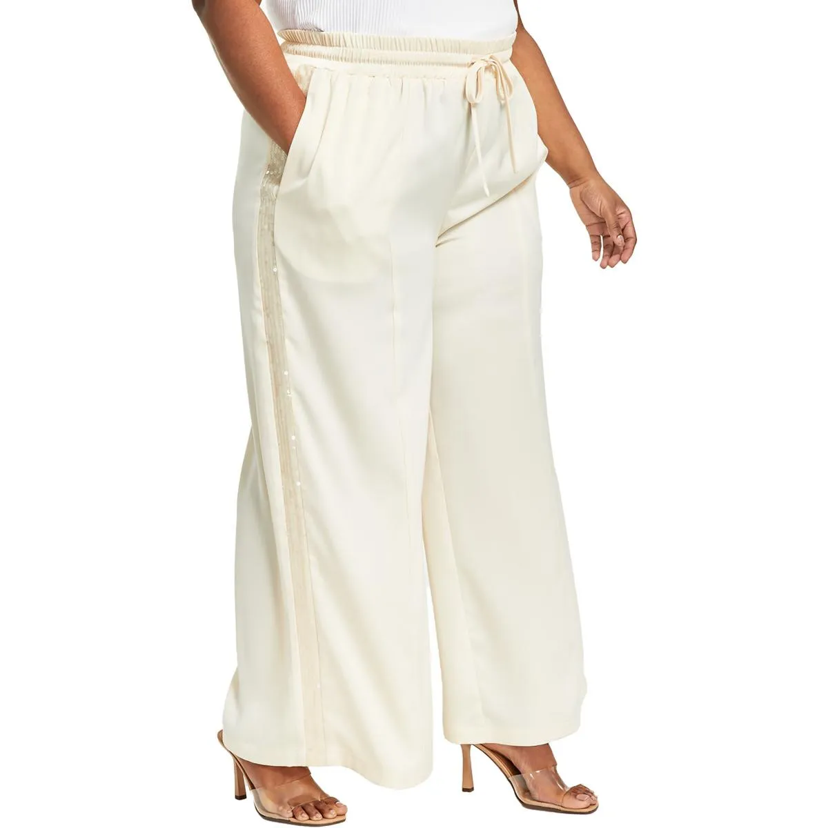 Plus Womens Sequined High Rise Wide Leg Pants