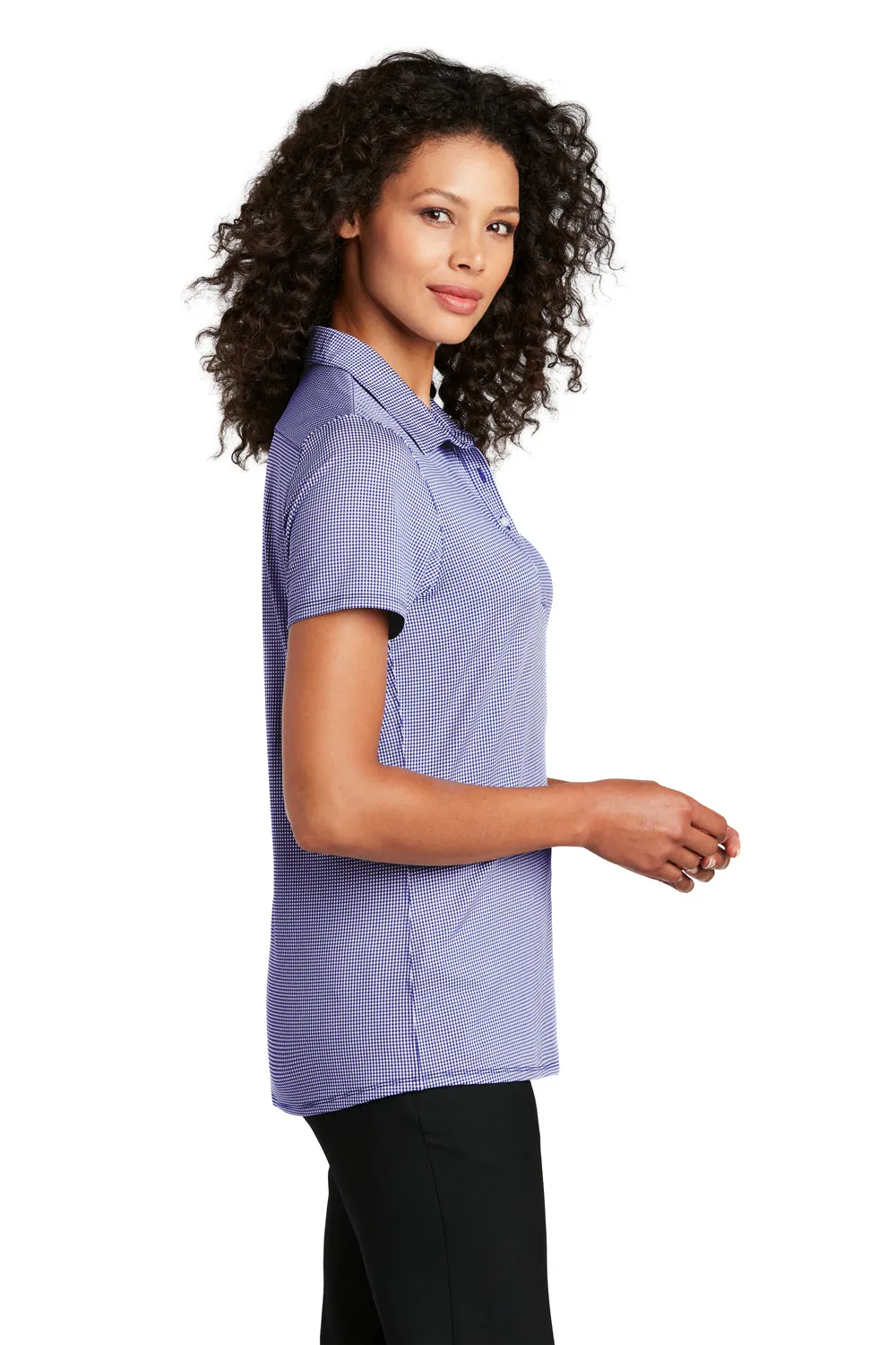 Port Authority Womens Gingham Moisture Wicking Short Sleeve Polo Shirt - True Navy Blue/White - Closeout