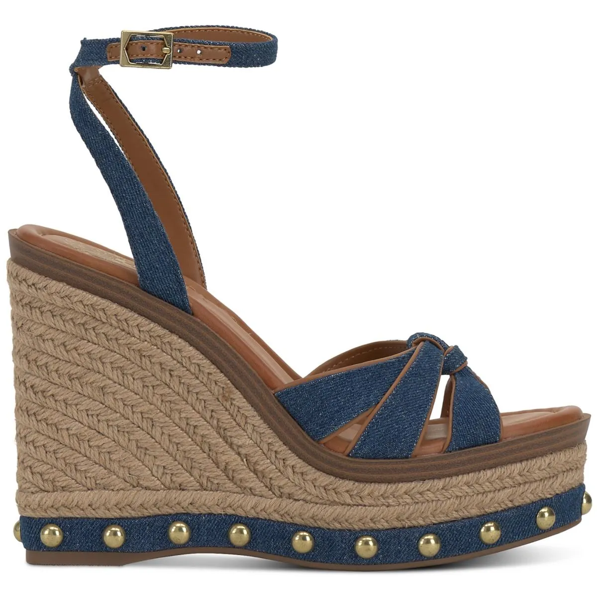 Poula Womens Denim Studded Wedge Sandals