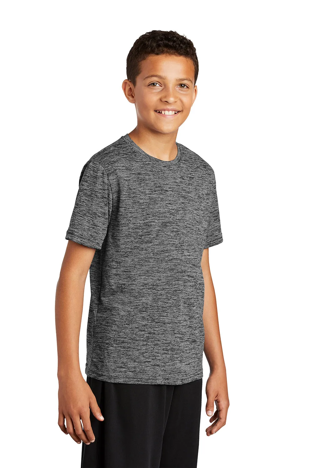 Sport-Tek Youth Electric Heather Moisture Wicking Short Sleeve Crewneck T-Shirt - Grey Black Electric