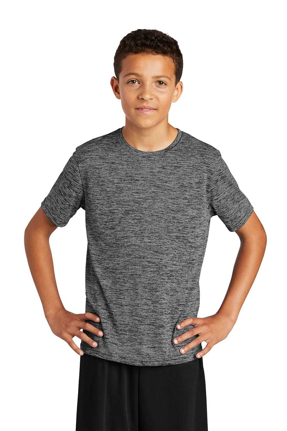 Sport-Tek Youth Electric Heather Moisture Wicking Short Sleeve Crewneck T-Shirt - Grey Black Electric