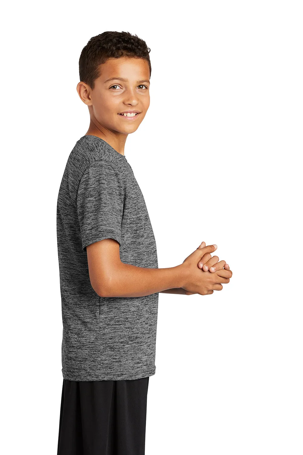 Sport-Tek Youth Electric Heather Moisture Wicking Short Sleeve Crewneck T-Shirt - Grey Black Electric
