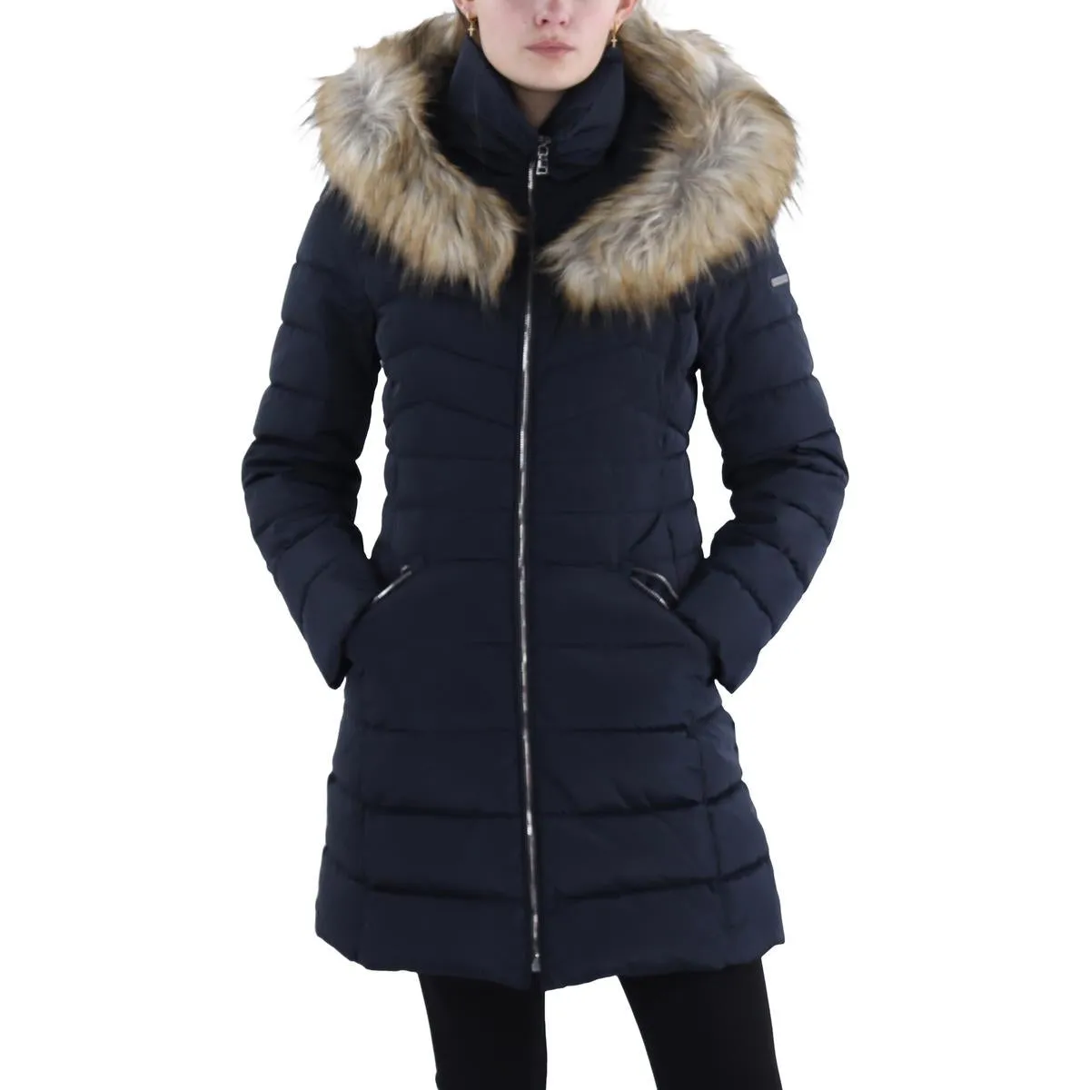 Womens Faux Fur Trim Hooded Puffer Jacket