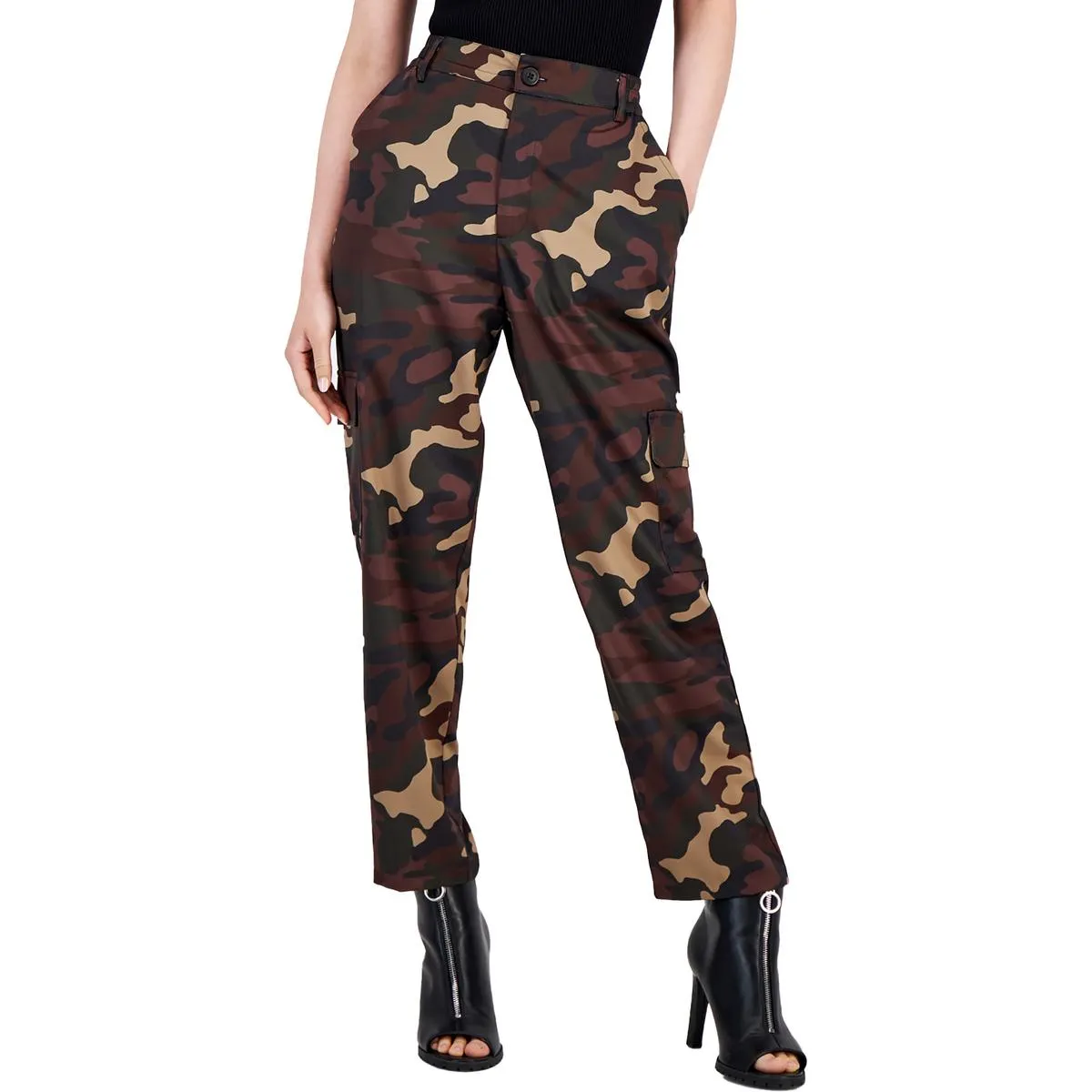Womens Satin Mid Rise Cargo Pants