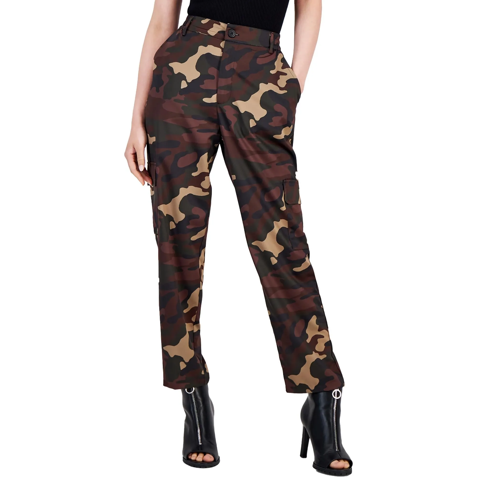 Womens Satin Mid Rise Cargo Pants