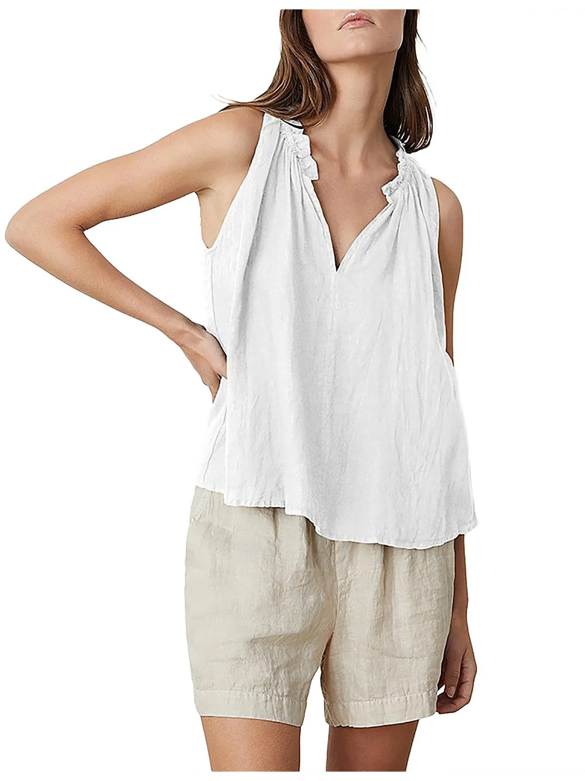 Womens V-Neck Ruffle Pullover Top